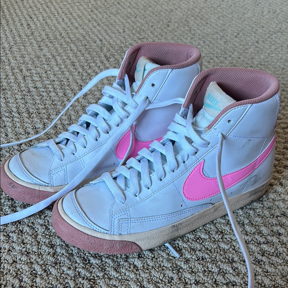 Nike White and Pink High-Top Sneakers blazers